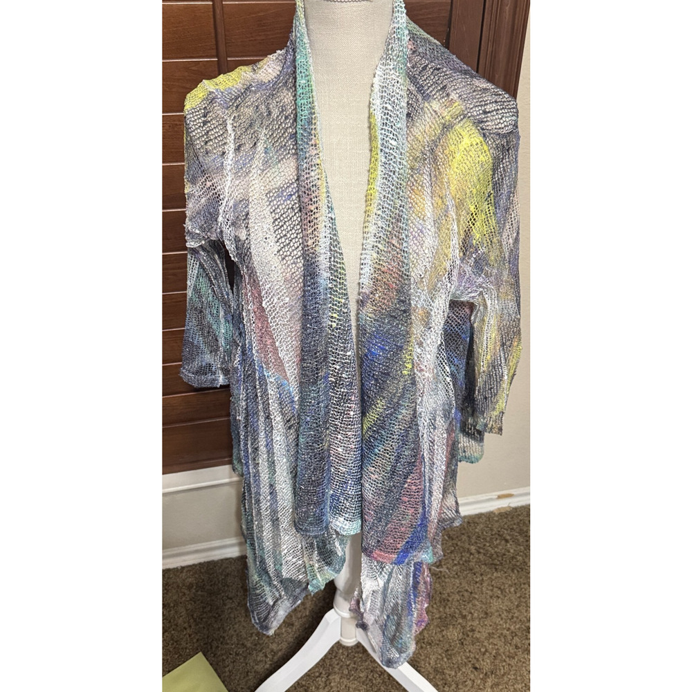 Jess‎ & Jane Cardigan Womens L watercolor mesh open knit lightweight beachy USA